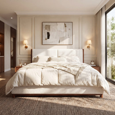 Structure de lit tapissier très grand, garniture en bois de noyer avec tissu blanc, contreplaqué et bois d'hévéa, capacité de poids de 600 lb, convient aux matelas de 8 à 10 po, aucun sommier requis