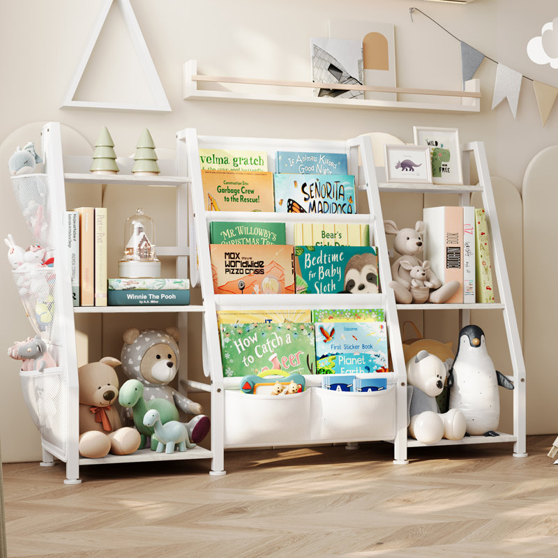 38.4'' W X 29.9"H Kids Bookcase Multi-Tier Metal Book Display with Book Sling Shelf White