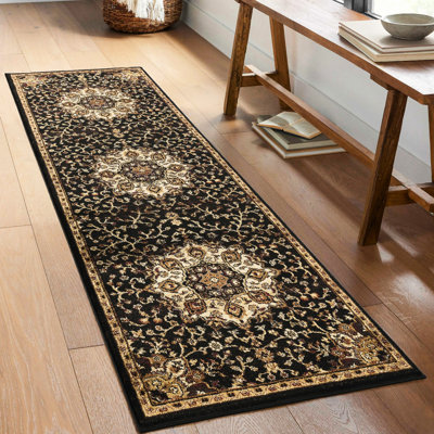 Tapis noir de conception classique 2 pi 7 po par 3 médaillon élégant en polypropylène pi. Po Décoration en X avec motif intemporel