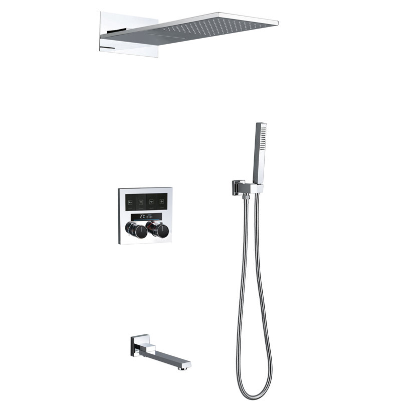 Thermostatic Rainfall & Waterfall Shower Head with Handheld Spray and Tub Filler with Rough-in Valve, Polished Chrome