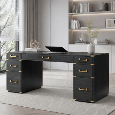 Extra-Large Classic Executive Desk with Metal Edge Trim, File Drawers, USB Ports, and Hidden Compartment for Home Office