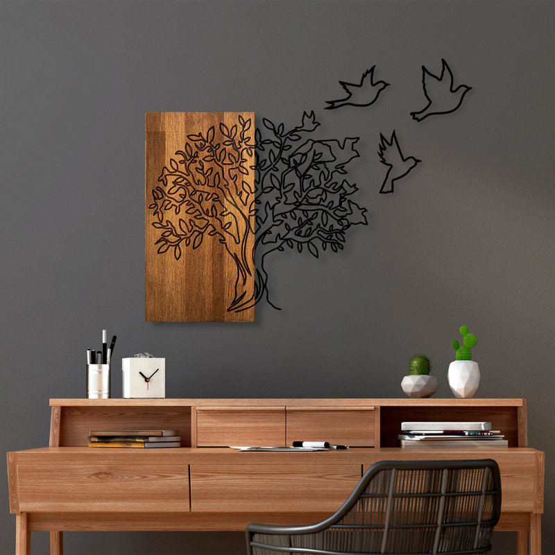 Élégant accessoire mural décoratif en bois, noyer et noir, 24,0 po x 22,8 po | 100% bois (épaisseur: 1,2 po) et métal (épaisseur: 0,06 po) | Conception murale polyvalente parfaite pour la décoration intérieure