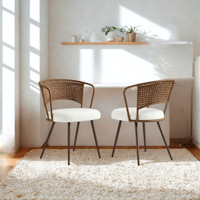 Chaises de salle à manger en osier - ensemble 2 pièces - chaise de cuisine à dossier matelassé à dossier souple en canne, coussin en éponge, chaise à oreilles avec pieds en métal, convient à la maison et à la cuisine (brun foncé)