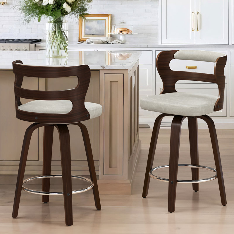 Deshunda Swivel Upholstered Counter Stool with Solid + Manufactured Wood Frame (Set of 2), Light Beige Gray/Black