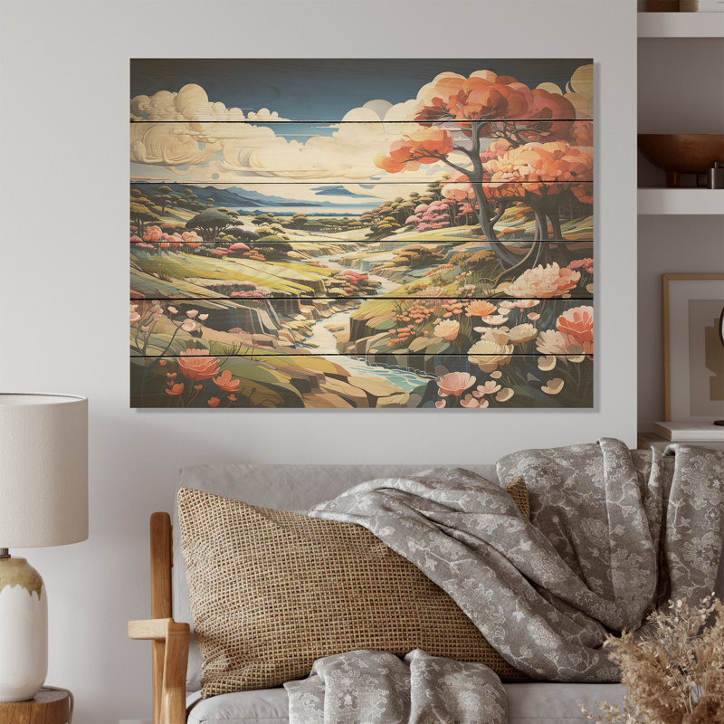 Paysage de golf japonais, harmonie I - forêt rivière, art mural sur bois de pin naturel, H 10 po x l 20 po