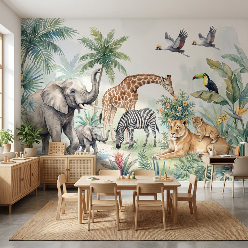 Papier peint nature jungle animaux tropicaux, 100 po x 96 po, Peler et coller