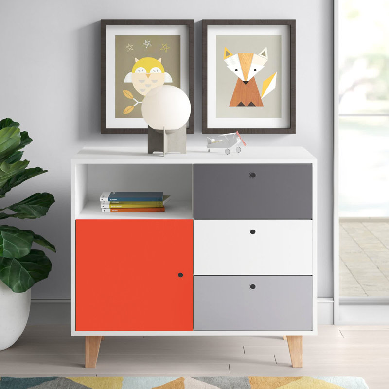 Aleana 3 Drawer Combi Chest, Red/White/Grey