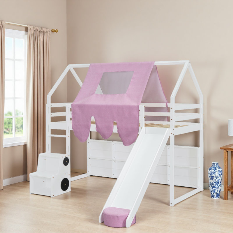 Cadre de lit mezzanine en bois avec tente, Lit simple, Blanc / Rose