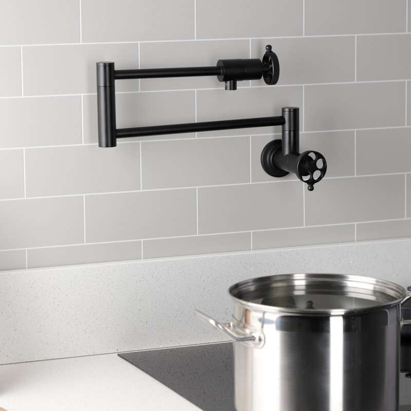 Kingston Brass Wendell Two-Handle 1-Hole Wall Mount Pot Filler Faucet with Knurled Handle, Matte Black
