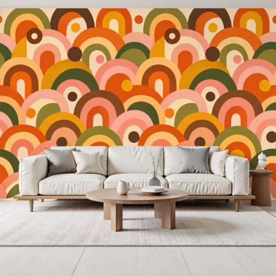 Papier peint adhésif rétro à motifs géométriques terreux à motif géométrique H 69 po x l 96 po amovible en PVC amovible pour chambre à coucher, bureau à domicile