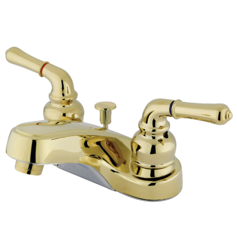 Kingston Brass Magellan Two-Handle 3-Hole Deck Mount 4" Centerset Bathroom Faucet, With ABS Pop-up Drain, Polished Brass