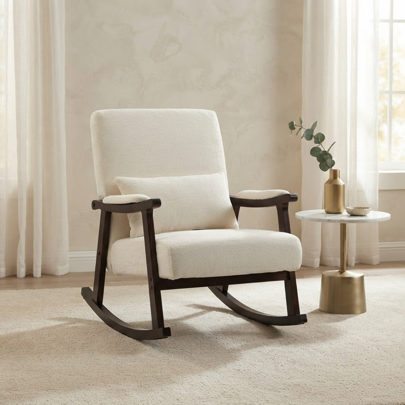 Fauteuil à bascule d'appoint moderne du milieu du siècle avec cadre en bois massif, Blanc