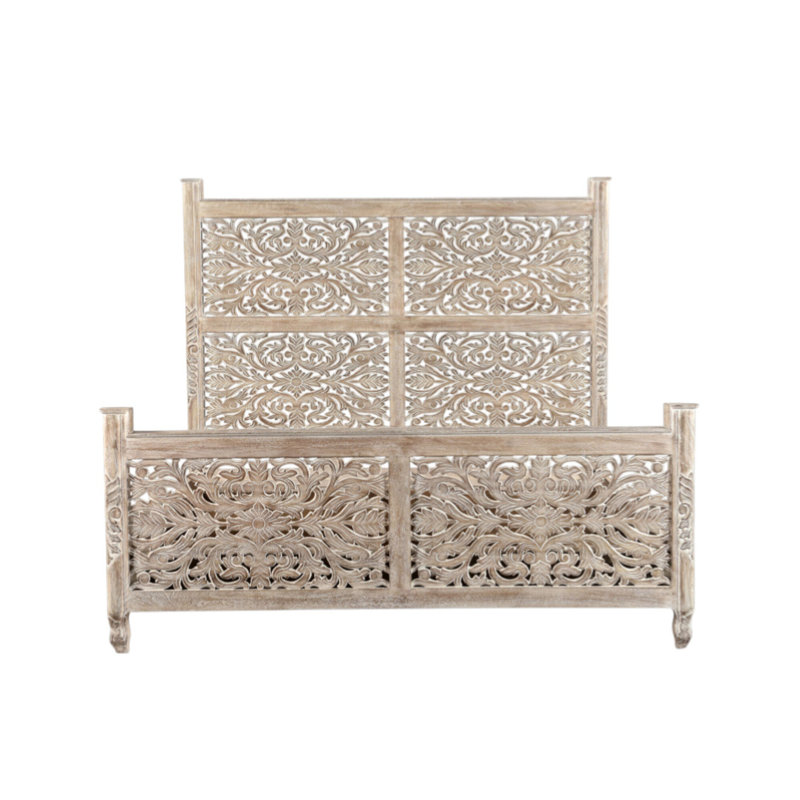  Cadre de lit très grand en bois massif sculpté floral Brighton - très grand, gris