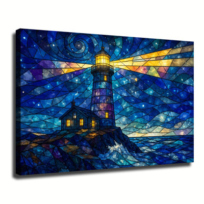 Vitrail phare brillant nuit étoilée au-dessus des vagues de la mer orageuse, mosaïque colorée, art mural sur toile pour décor de chambre côtière