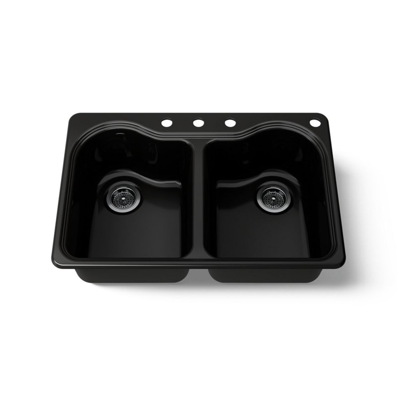 Hartland 33" L x 22" W x 9-5/8" Double Basin Drop-In Kitchen Sink, Frost, 4 Hole