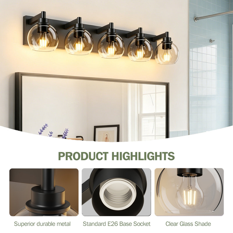 Éclairage pour meuble-lavabo noir mat avec abat-jour en verre transparent, douille E26, 5 Lights