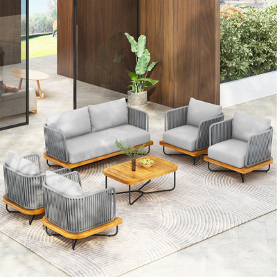 Ensemble de conversation d'extérieur 6 pièces en bois d'acacia tissé et corde, gris