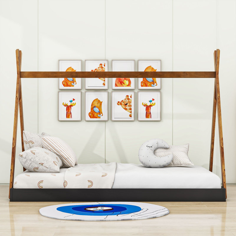 Estefania Twin Size Wood Bed with Triangle Structure, Black/Brown