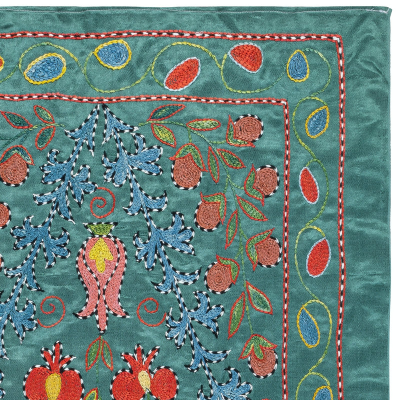 20x37 in Embroidered 100% Silk Wall Hanging. Modern Tablecloth. Boho Wall Decor. Teal Blue Throw