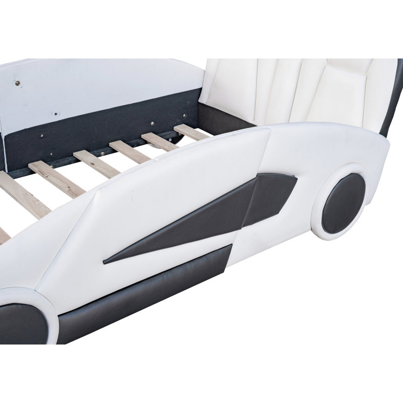 Twin Size Race Car-shaped Bed, White - Comfortable With Solid Guardrails Platform Bed Movable Wheels Functional And Stylish Bedroom Addition