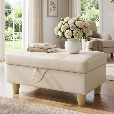 Rectangular Storage Ottoman Bench With Hinged Lid, Faux Leather Footrest For Living Room, Bedroom, Entryway, White, 35"X23.5"X17.5"