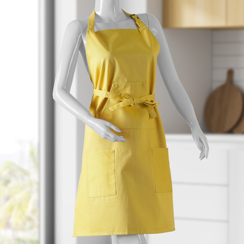 Tablier de cuisine en coton unie pour femme avec poches réglable, Jaune moutarde