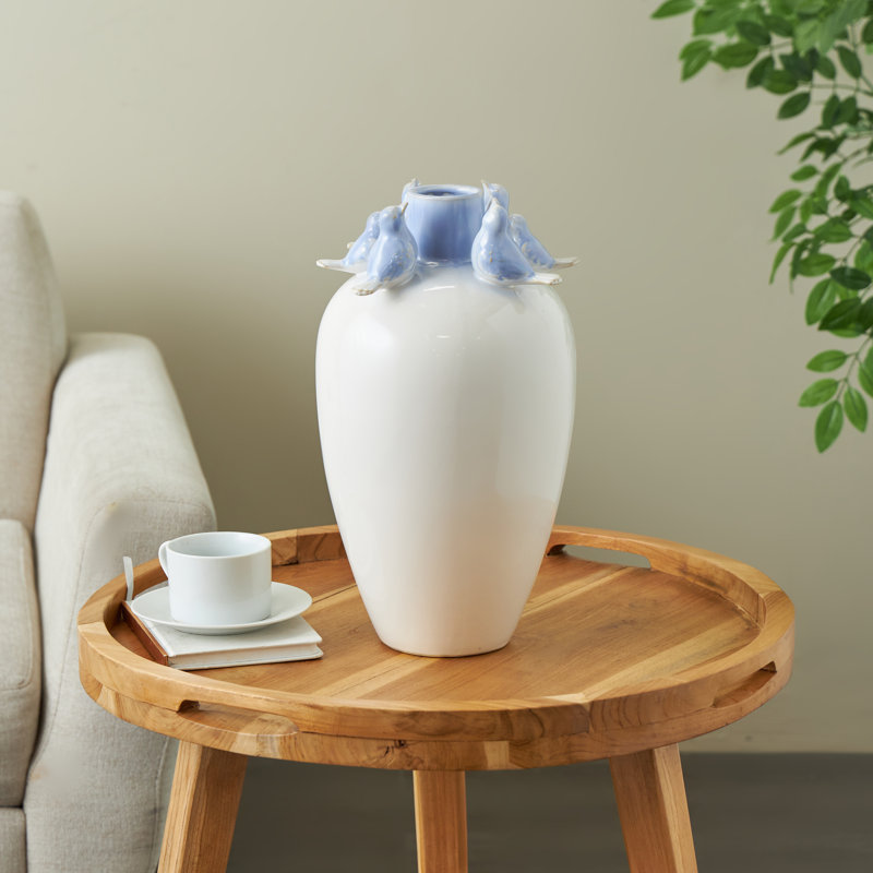 Cole And Grey Ceramic Bird Decorative Vase With Blue Accents, 15.15" H x 8.4" W x 8.4" D