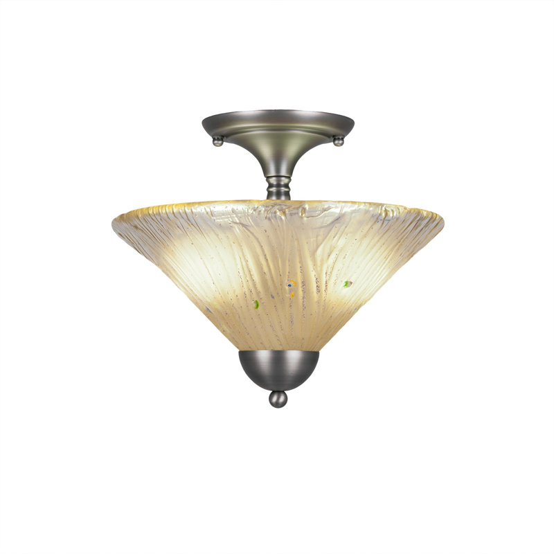 Semi-Flush 2 Bulbs With 12" Amber Crystal Glass, Brushed Nickel
