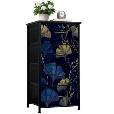 Commode pour la chambre à coucher avec 4 tiroirs de rangement Élégantes fleurs bleues dorées Ginkgo avec commodes foncées Commode en tissu pour chambre d'enfant