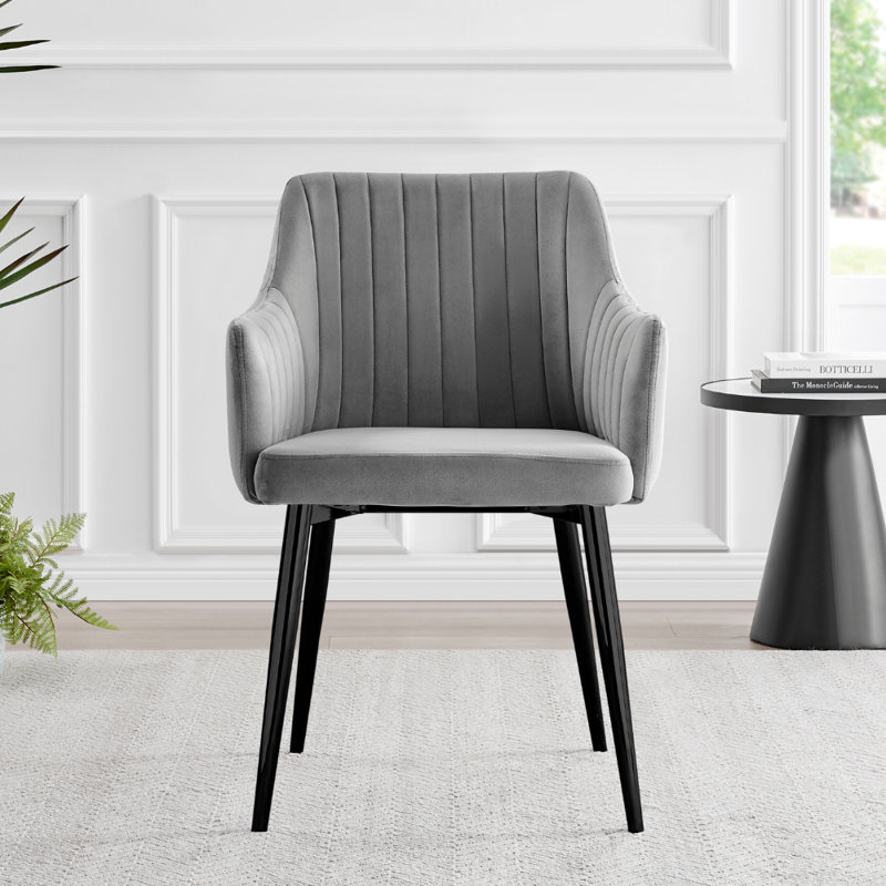 Calley Velvet Bucket Tub Chairs with Tapered Metal Legs and Vertical Stitching, Black, Grey