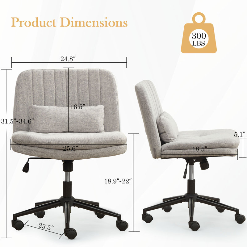 Criss Cross Legged Chair With Wheels, Comfy Rolling Office Desk Armless Chair With Pillows, Wide Swivel Vanity Chairs Computer Task Chair For Makeup, Bedroom
