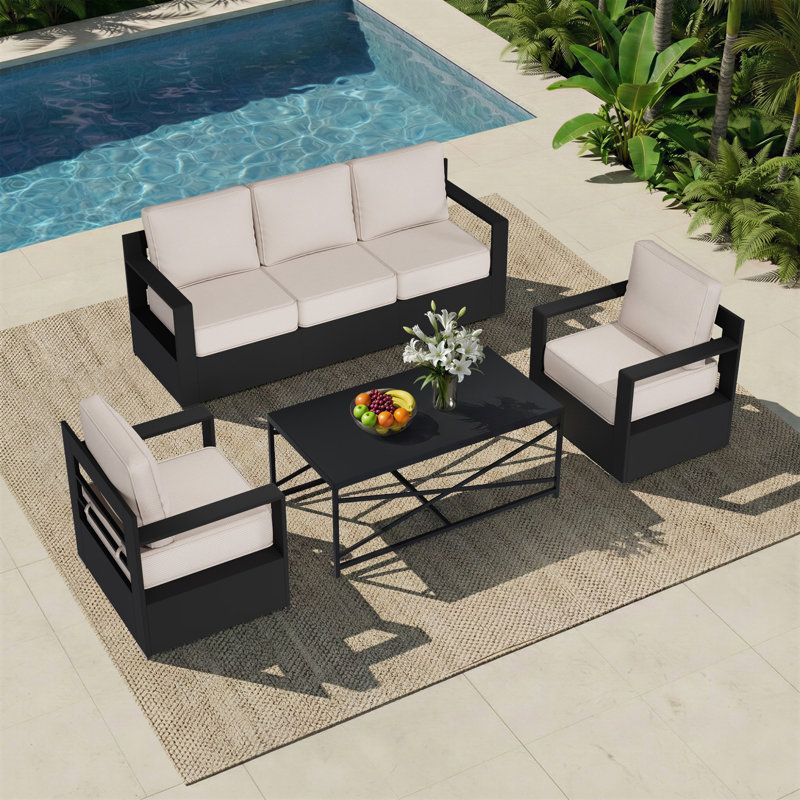 Ensemble de conversation de terrasse en aluminium pour 5 personnes avec coussins épais et confortables Eleanor, Beige