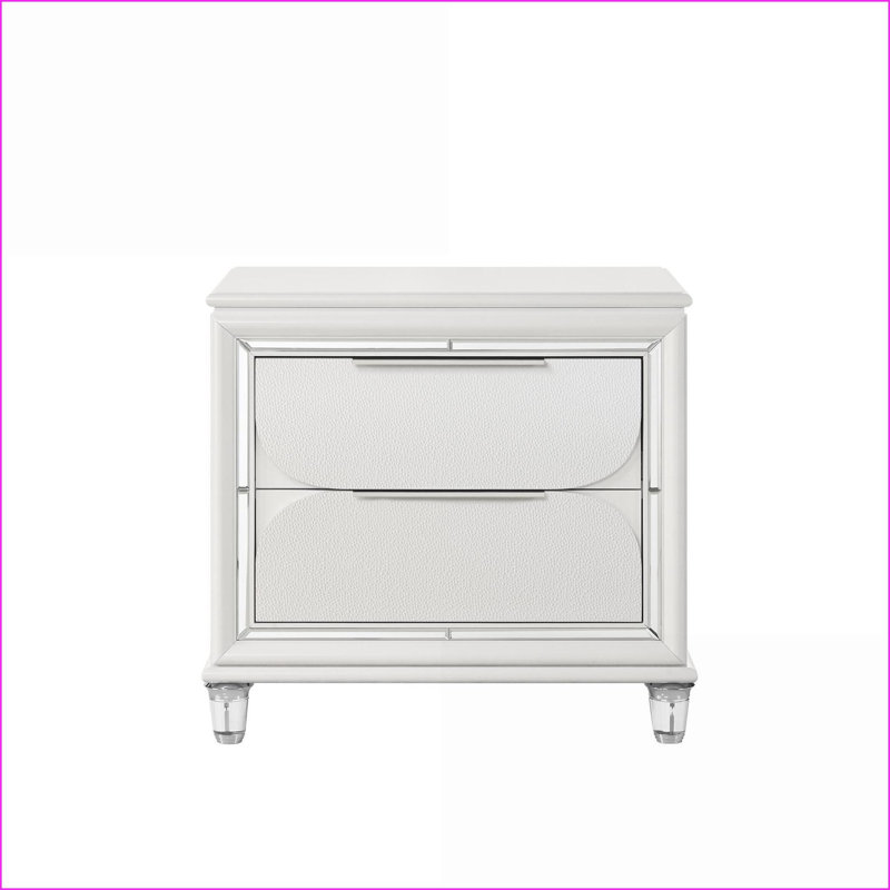 Table de chevet à 2 tiroirs Pearl White avec pieds en cristal acrylique