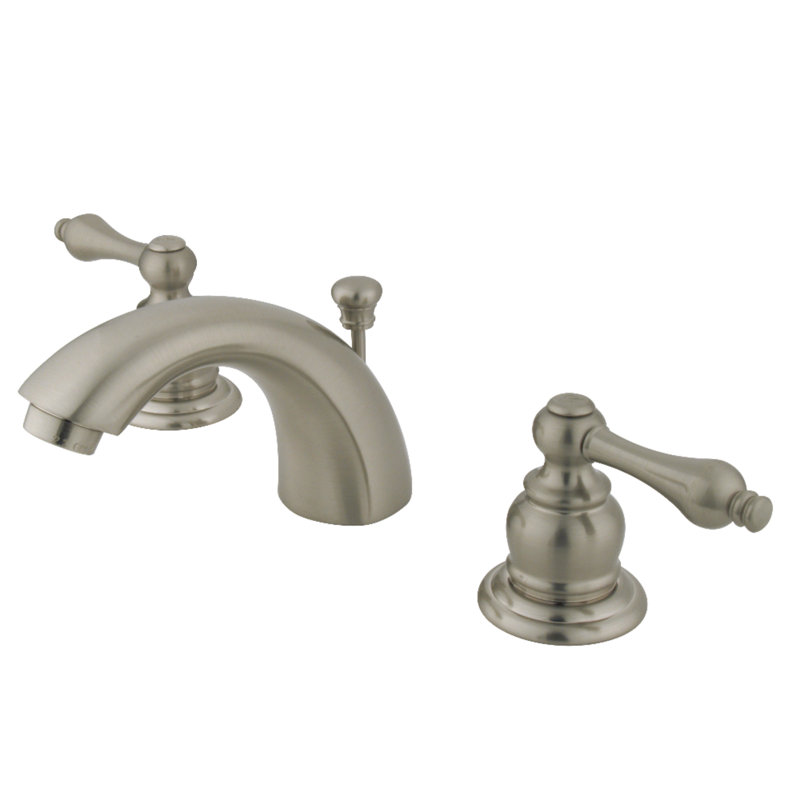 Kingston Brass Magellan Two-Handle 3-Hole Deck Mount Mini-Widespread Bathroom Faucet with Plastic Pop-Up, Brushed Nickel