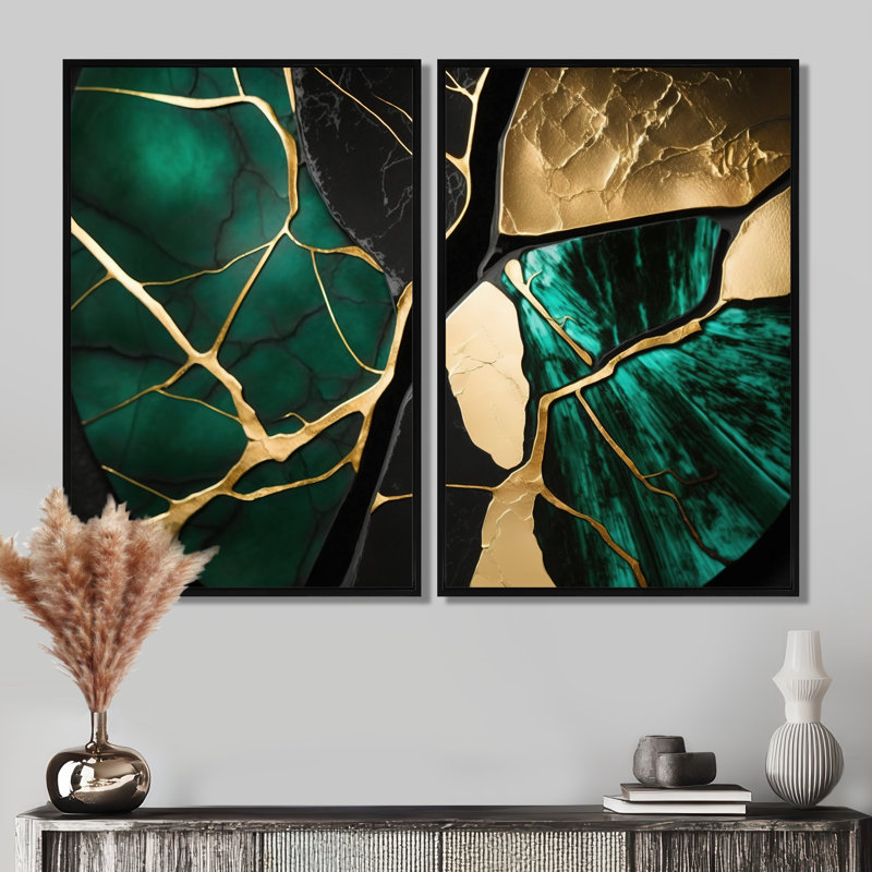 «Abstract Geode Gold I», art mural abstrait en marbre 2 pièces, 36'' H x 48'' W, Impression encadrée flottante, Black