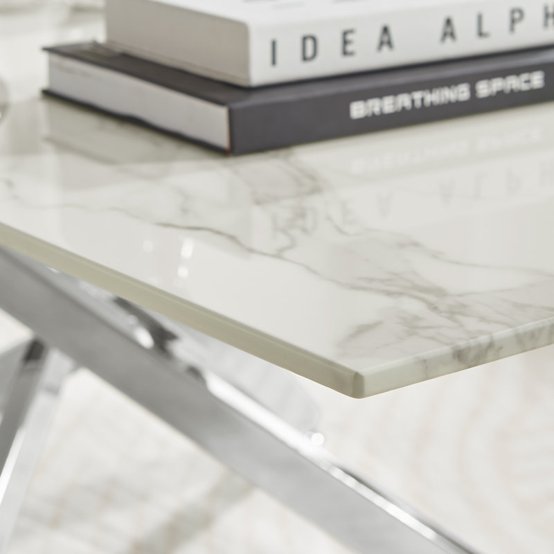 Lenworth Marble Effect Coffee Table - Glass Topped Metal Leg Centre Table, White, Silver