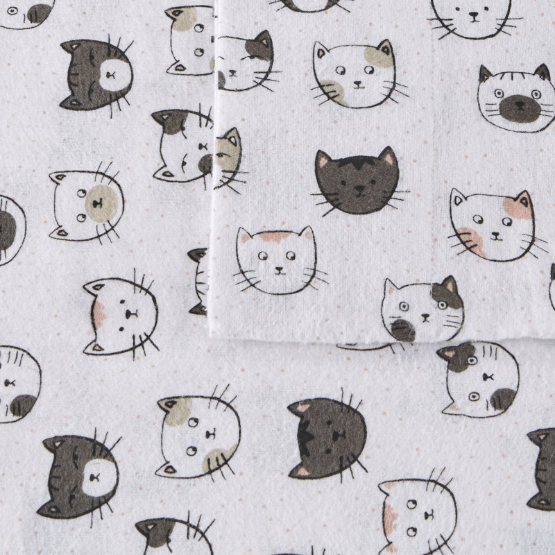 Cozy Soft 100% Cotton Flannel Sheet Set, Full Sheet Case Pack with Fitted Sheet, Gray/Pink Cats