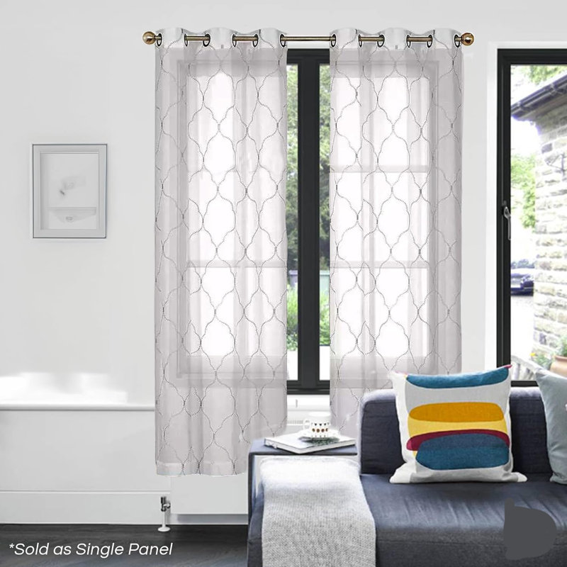 Geometric Sheer Embroidered Trellis Grommet Single Curtain Panel, Silver