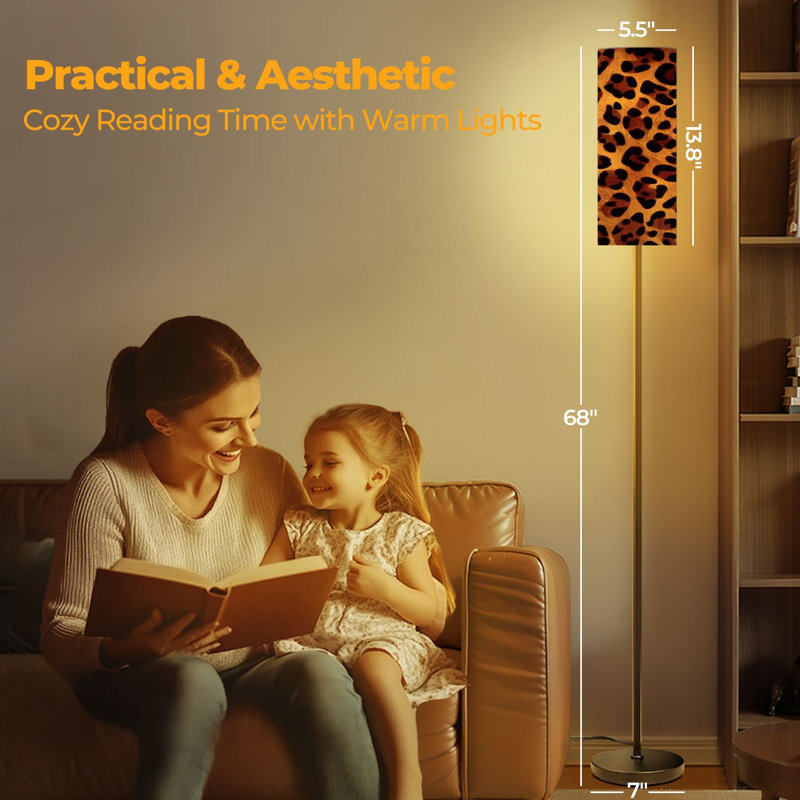  68.5" Standing Floor Lamp Leopard repeating Dimmable Metal Pole Lamp with Linen Lampshade LED Bulb Included