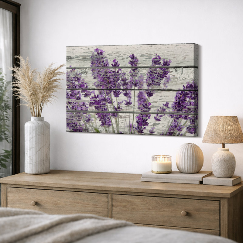 Purple Lavender Flowers On Wood Effect Background Artwork, Retro Rustic Wall Pictures, Large Framed Canvas Giclée Print Wall Art