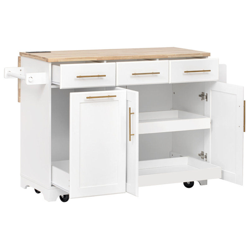 59.3" Kitchen Island with Storage 2 Pull Out Cabinet Organizers & Rubber Wood Drop Leaf, Rolling Kitchen Island with Trash Can Storage, Power Outlet, Spice & Towel Rack for Kitchen, Dining