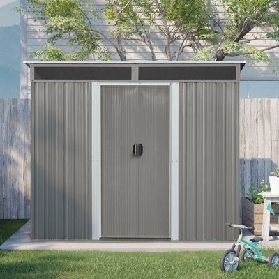 8Ft X 6Ft Outdoor Metal Storage With Lockable Sliding Doors And Transparent Plate For Garden, Lawn (Grey)