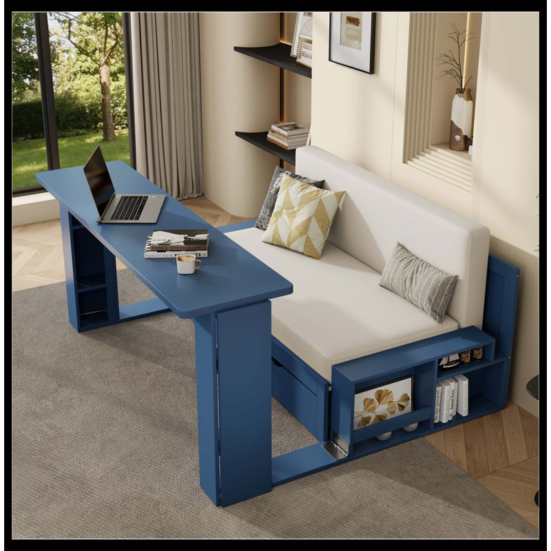 Full Size Daybed With Removable Desk, Storage Drawers & Hydraulic Side Table, Blue, Blue
