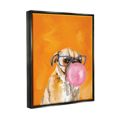 «Orange Dog with Bubblegum» encadré sur bois par Rachel Nieman, peinture