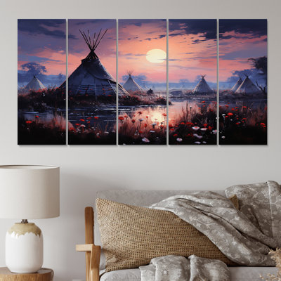 Native Tipi Mystic Gathering - impression d'art mural amérindien - 5 panneaux égaux