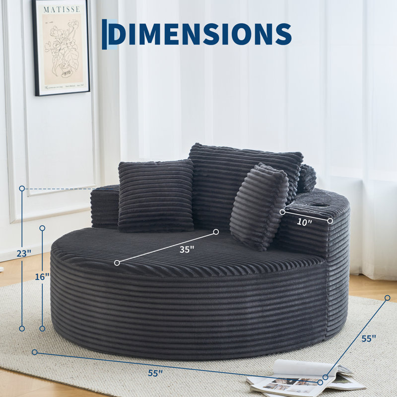 Fauteuil méridienne rond surdimensionné en velours côtelé moderne - Canapé circulaire à assise profonde avec porte-gobelets - Lit douillet et confortable pour le salon ou la chambre - Aucun assemblage requis, gris