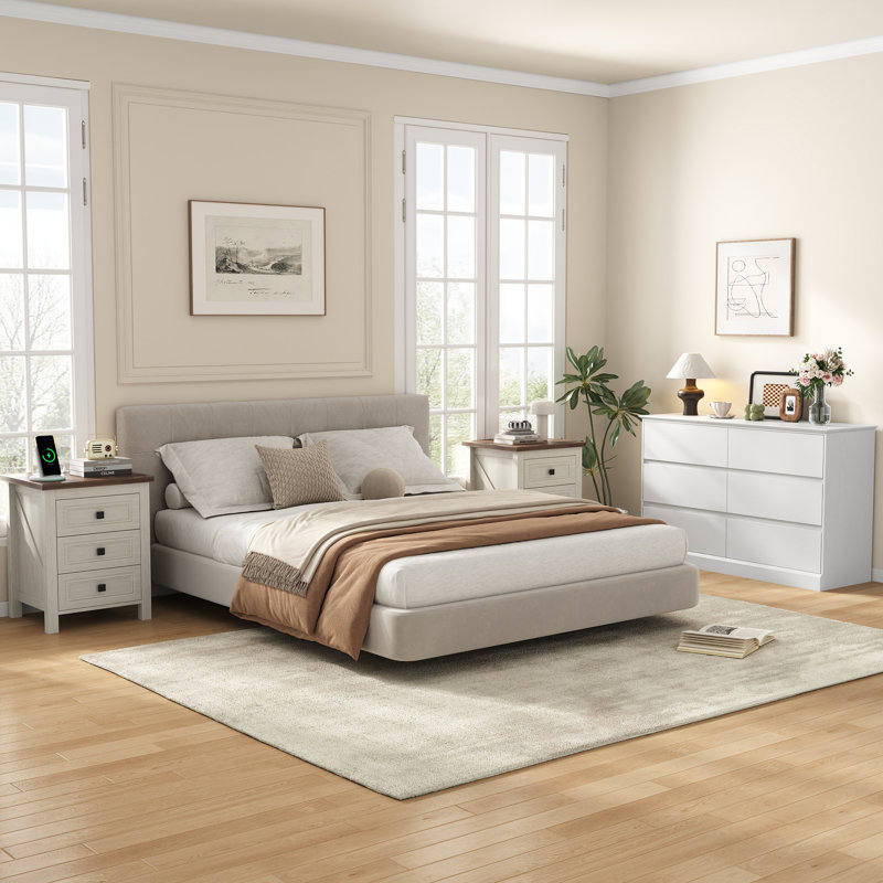 Ensemble de chambre à coucher 3 pièces avec commode à 6 tiroirs de 47,2 po et tables de chevet à 3 tiroirs avec stations de recharge