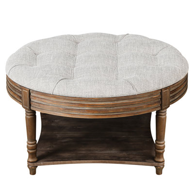 Large Round WaterProof Ottoman Coffee Table 2 Tier Oversized Button Tufted Ottoman with Wooden Shelf Storage Farmhouse Upholstered Coffee Table Living Room Footstool Ottoman Linen