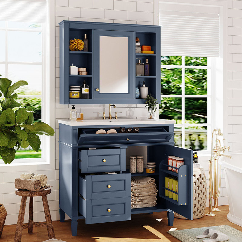 Meuble-lavabo 36 po avec armoire à pharmacie, armoire de rangement moderne avec 2 portes à fermeture douce et 4 tiroirs, meuble-lavabo simple