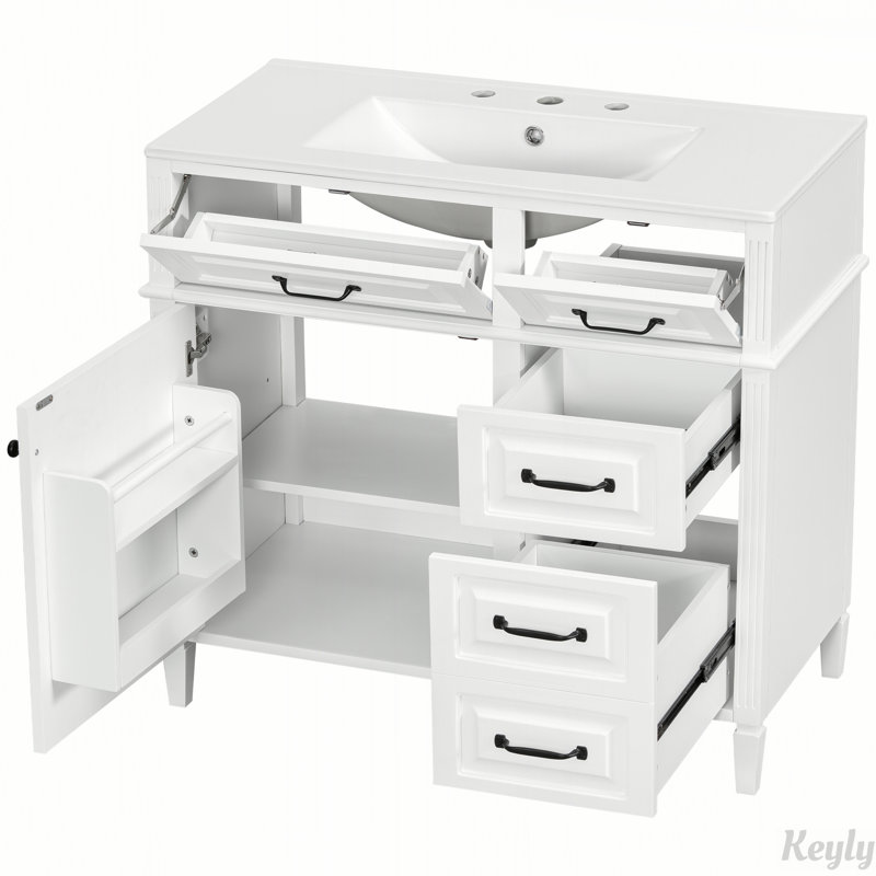 Meuble-lavabo de 36 pouces avec lavabo en céramique, structure en bois massif, armoire en panneau de fibres à densité moyenne, tiroirs rabattables et tablette réglable pour un rangement efficace